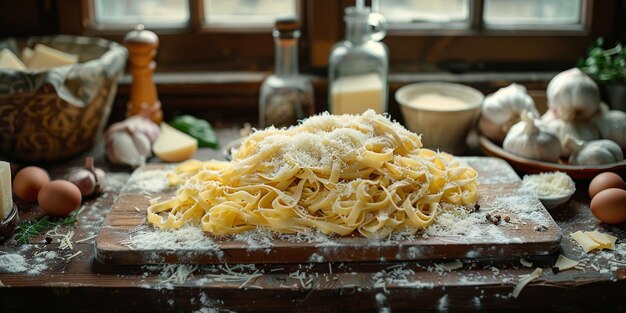 La pasta clásica en el fondo de la cocina, la dieta y el concepto de la comida