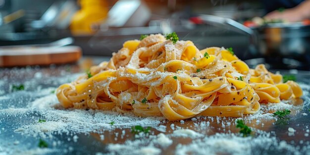 La pasta clásica en el fondo de la cocina, la dieta y el concepto de la comida