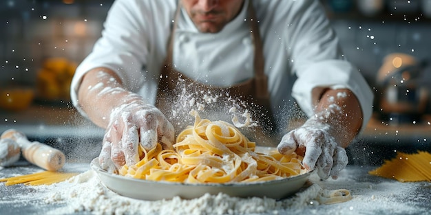 Pasta clássica em fundo de cozinha dieta e conceito de comida