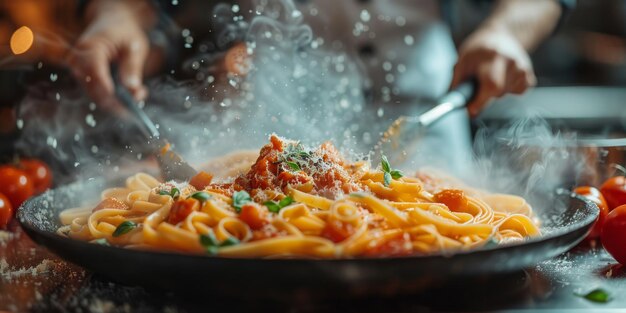 Pasta clássica em fundo de cozinha dieta e conceito de comida