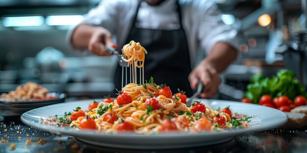 Pasta clássica em fundo de cozinha dieta e conceito de comida