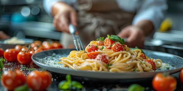 Pasta clássica em fundo de cozinha dieta e conceito de comida