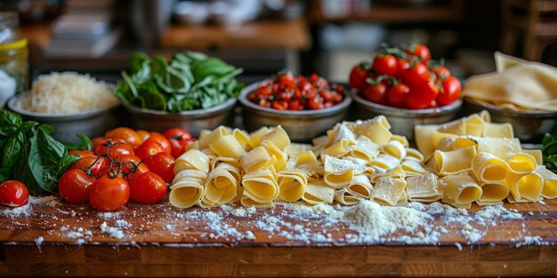 Foto pasta clássica em fundo de cozinha dieta e conceito de comida