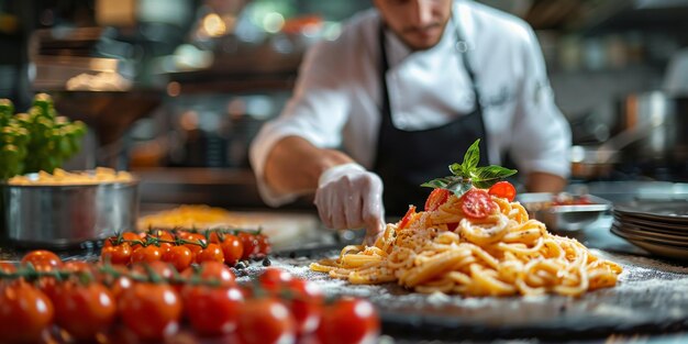 Pasta clássica em fundo de cozinha dieta e conceito de comida