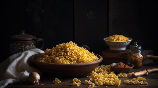 Pasta sin cocer sobre fondo rústico oscuro Cartel de comida Generado ai