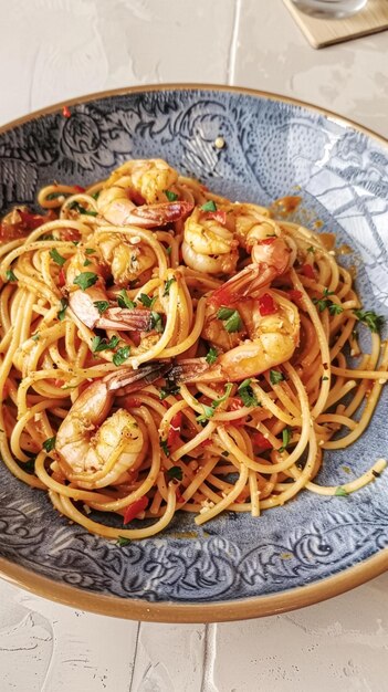 Pasta com camarões, tomates e manjericão num prato