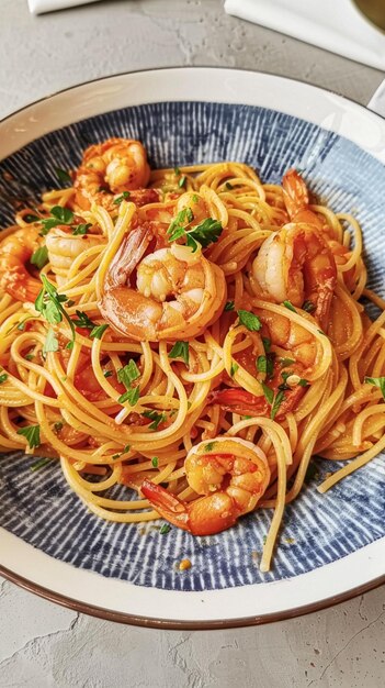 Pasta com camarões, tomates e manjericão num prato