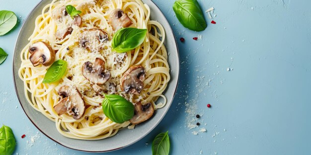 Pasta com cogumelos e queijo vista de cima IA generativa