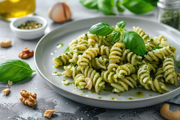 Pasta com molho de pesto, manjericão fresco e nozes em prato branco