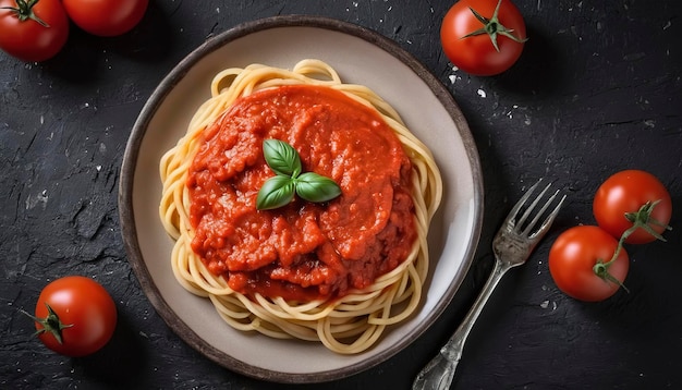 Pasta com molho de tomate num prato e tomates frescos sobre um fundo rústico preto