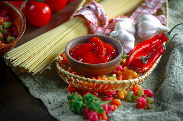 Pasta en composición con verduras en la cocina