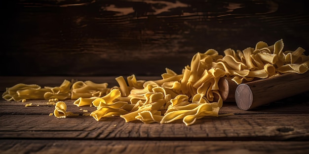 Pasta cruda sobre fondo de madera oscura