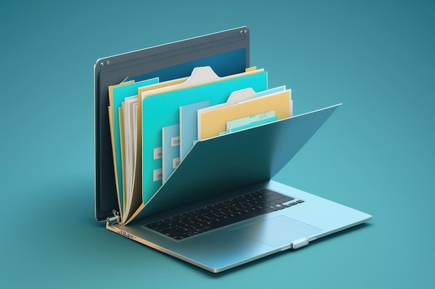 Pasta de arquivos na tela do laptop conceito de armazenamento em nuvem fundo azul escuro IA generativa