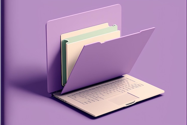 Pasta de arquivos na tela do laptop, fundo lilás. IA generativa