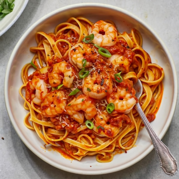 Foto pasta de camarão gochujang colorida caseira e prato de fusão delicioso