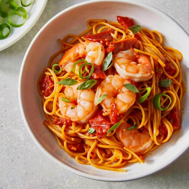 Foto pasta de camarão gochujang rápido e fácil prato de fusão colorido