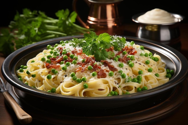 Pasta de Carbonara de luxo com manteiga de alho Chovendo sobre fundo branco Imagem de espaguete deliciosa