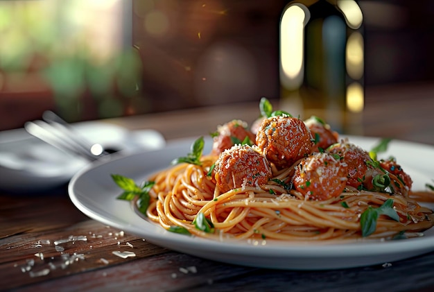 Foto pasta de close-up com bolinhas de carne, molho de tomate e manjericão numa mesa de madeira à luz do dia.