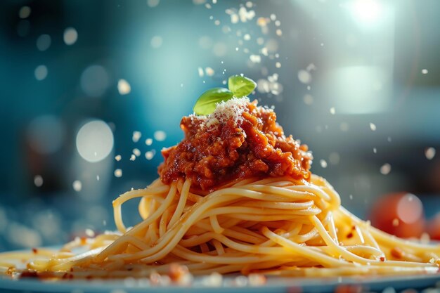 Pasta de espaguete bolognese cozida em um prato de pasta