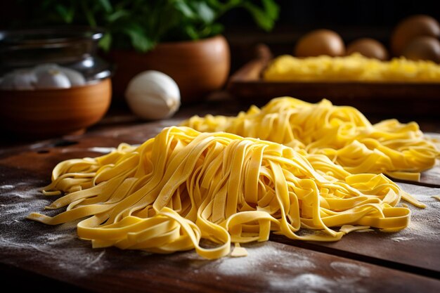 Pasta de ovos caseira tagliatelle macarrão de ninho cru, fita não cozida, fettuccine, macarrão longo e seco