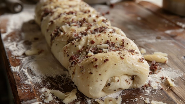 Pasta de pão caseira fresca salpicada de farinha e sementes em uma tábua de madeira rústica na cozinha