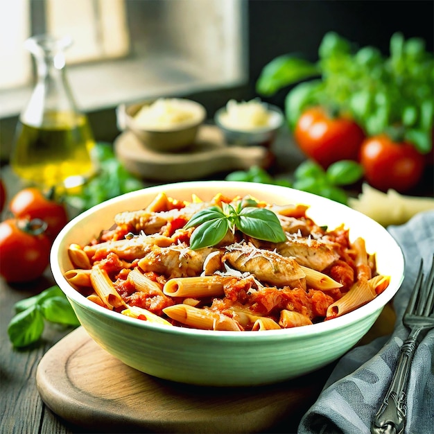 Foto pasta de penne em molho de tomate com frango e tomates