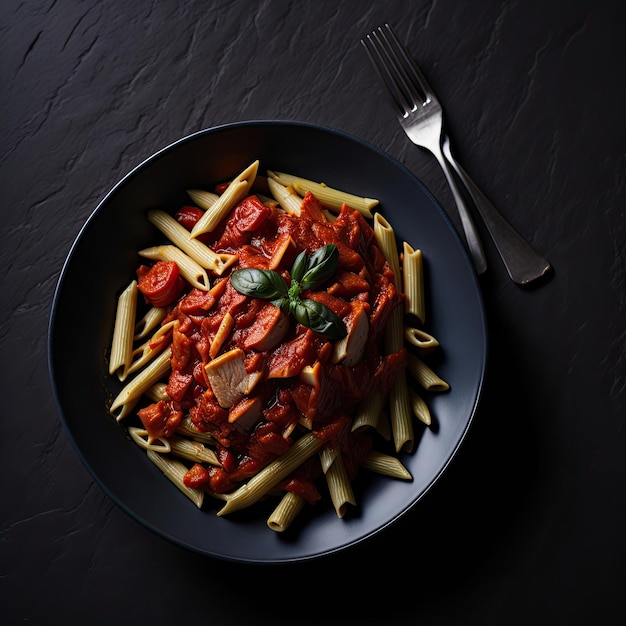 Pasta de penne em molho de tomate com frango gerado por ai