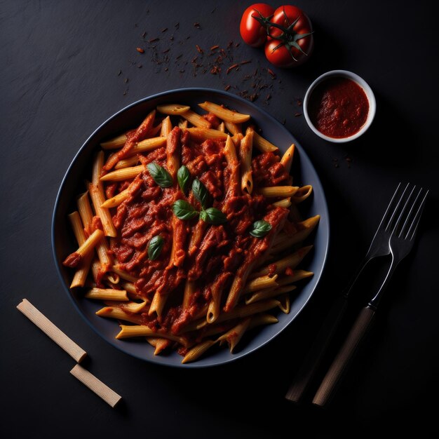 Pasta de penne em molho de tomate com frango gerado por ai