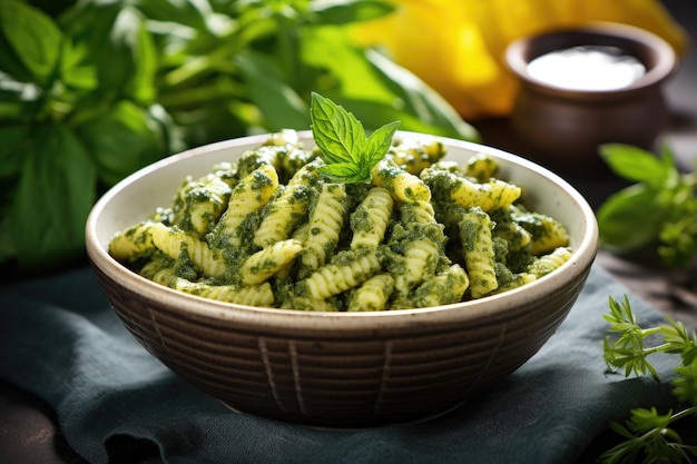 Pasta de pesto em uma tigela adornada com folhas de manjericão