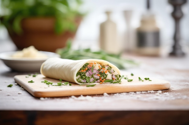 Pasta de pizza enrolada com ervas frescas numa tábua de farinha