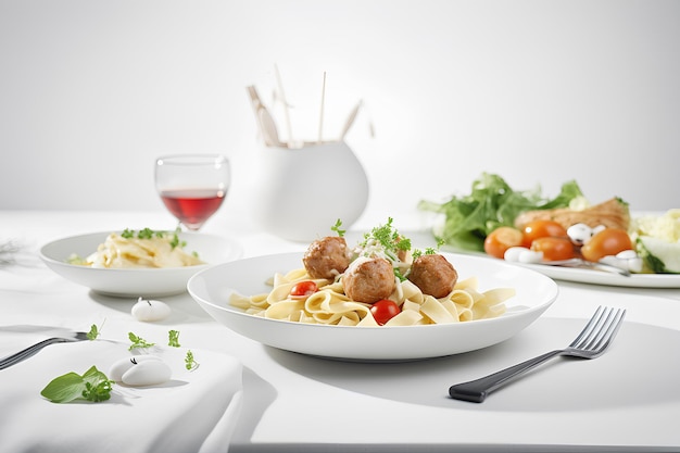 Pasta de tagliatelle caseira com almôndegas em prato branco Comida italiana Conteúdo de IA generativa