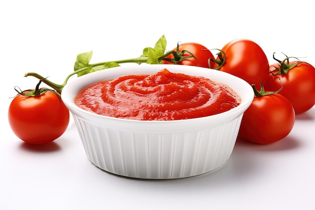 Pasta de tomate e tomate na superfície branca