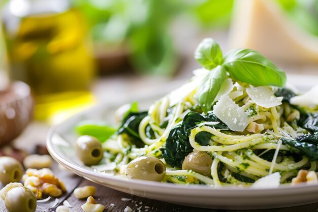 Pasta deliciosa e bonita com espinafre, queijo, azeitonas, manjericão e nozes