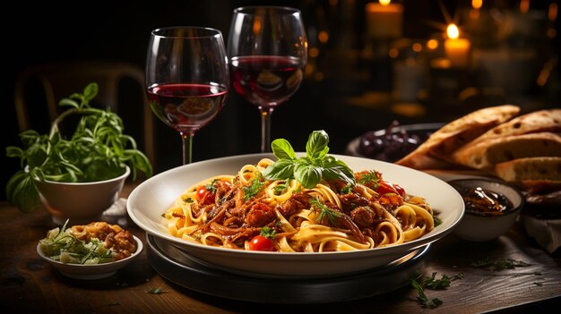 Foto pasta e vinho italianos deliciosos