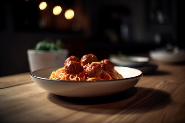 Pasta de espagueti con albóndigas en salsa de tomate casera sobre mesa de madera generada por IA