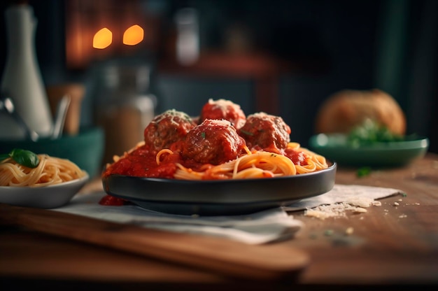 Pasta de espagueti con albóndigas en salsa de tomate casera sobre mesa de madera generada por IA