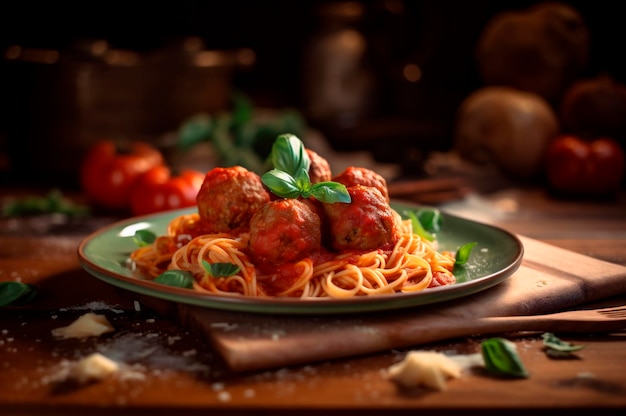 Pasta de espagueti con albóndigas en salsa de tomate casera sobre mesa de madera generada por IA