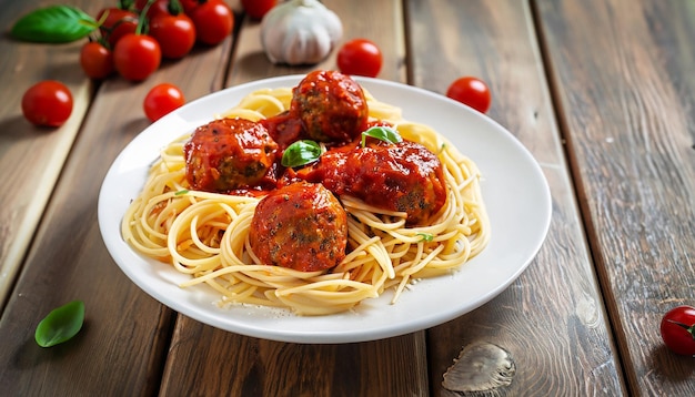 Pasta de espagueti con albóndigas y salsa de tomate sobre mesa de madera