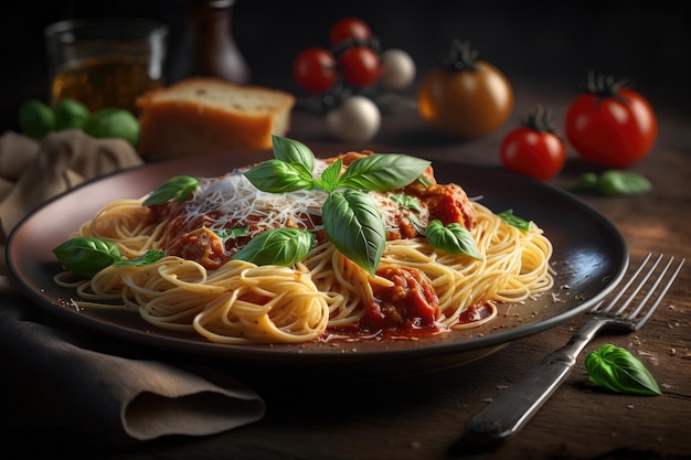 Pasta espagueti italiana con salsa de tomate Ilustración Generativa AI