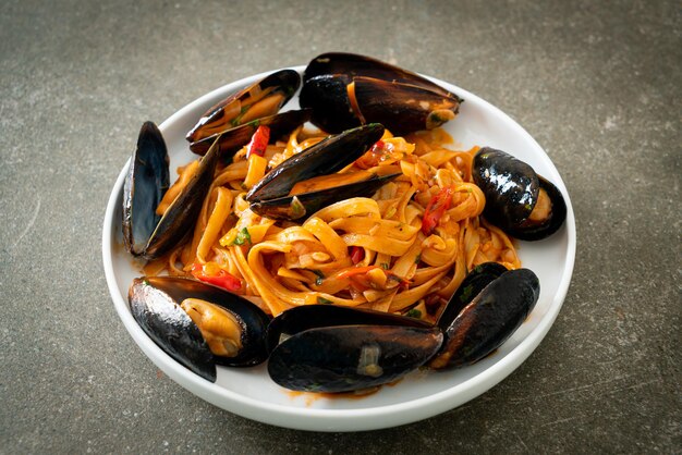 Pasta de espagueti con mejillones o almejas y salsa de tomate - estilo de comida italiana