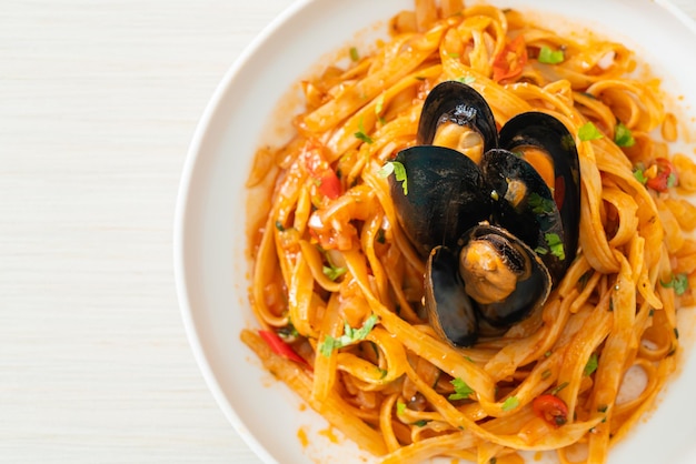 Foto pasta de espagueti con mejillones o almejas y salsa de tomate - estilo de comida italiana