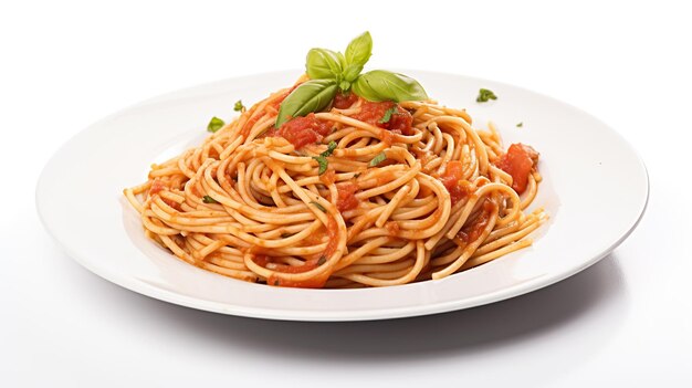 Pasta de espagueti en un plato blanco sobre un fondo blanco IA generativa