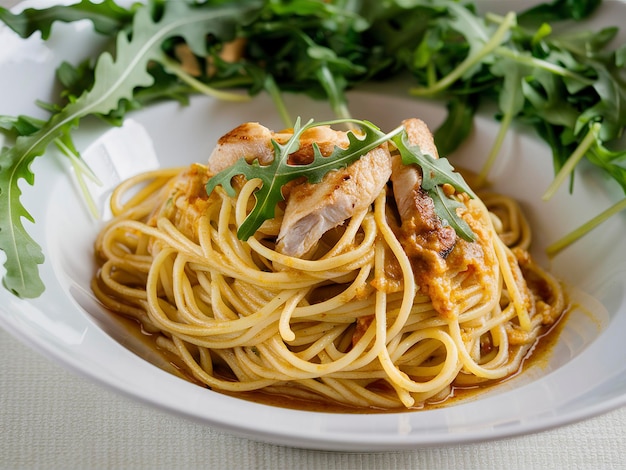 Foto pasta de espagueti con pollo y rúcula