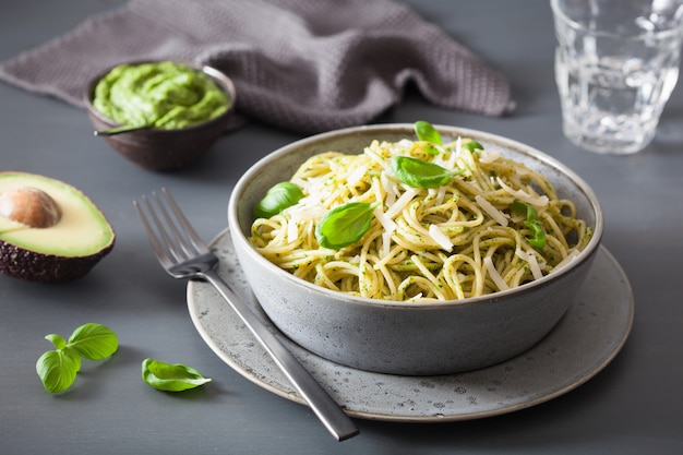 Pasta de espagueti con salsa de pesto de albahaca y aguacate