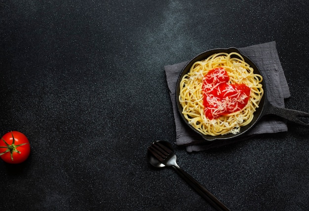 Pasta de espagueti con salsa de tomate en forma de corazón