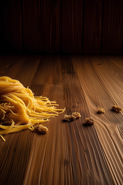 Pasta de espagueti sobre fondo de madera