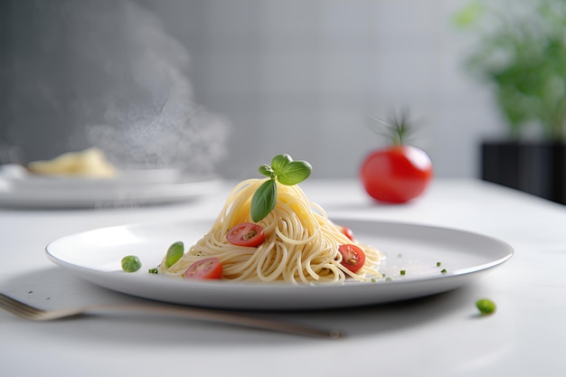 Pasta de espagueti con tomates en plato blanco comida italiana