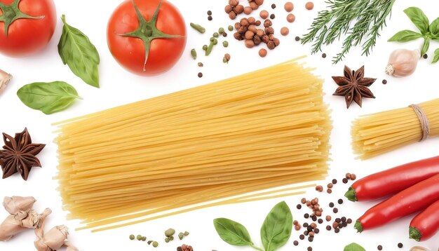 Pasta, espagueti, verduras y especias aisladas en blanco