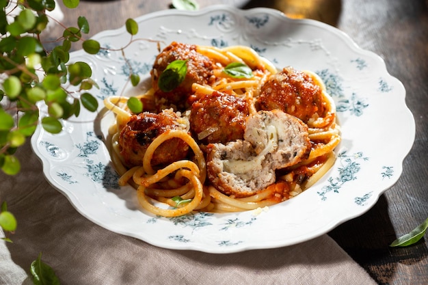 Pasta espaguetis con albóndigas salsa de tomate y albahaca fresca