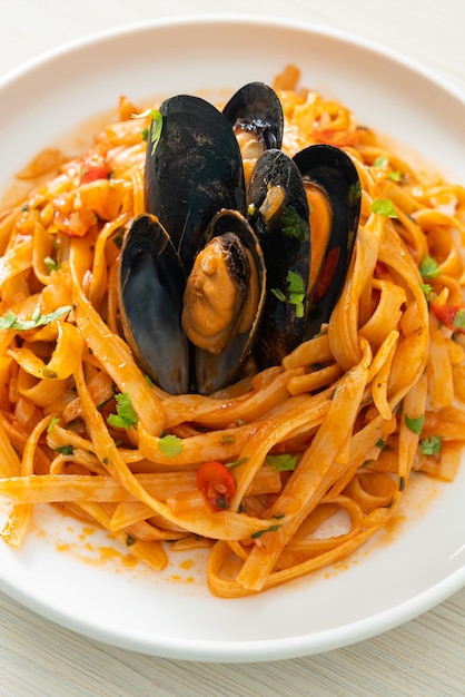 Pasta espaguetis con mejillones o almejas y salsa de tomate